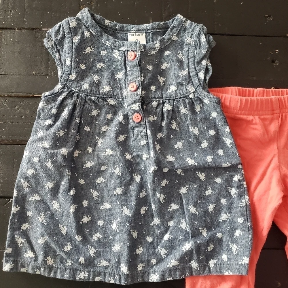Carter's Baby Girl 9 Months 2 Pieces Outfit Bleu Denim Flower Shirt Coral Leggin